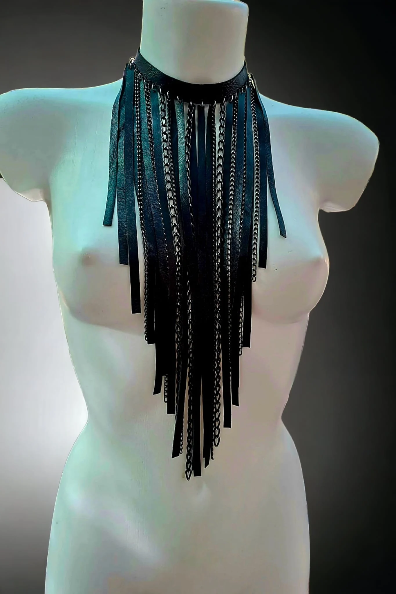 Black Edition Niagara handmade leather necklace with cascading black chains – view 2