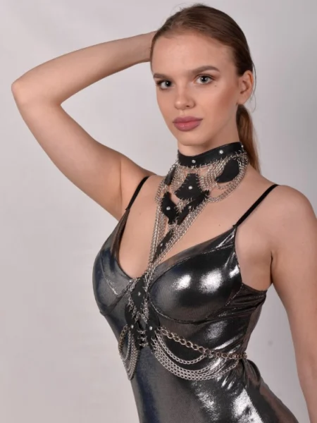 Princess original handmade leather necklace with chains flowing to the waist