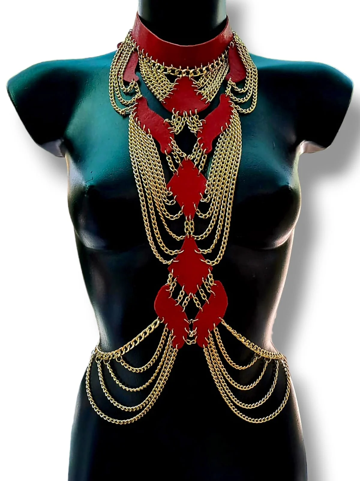 Princess handmade leather and chain gothic statement necklace draping to the waist, variant IV – view 2