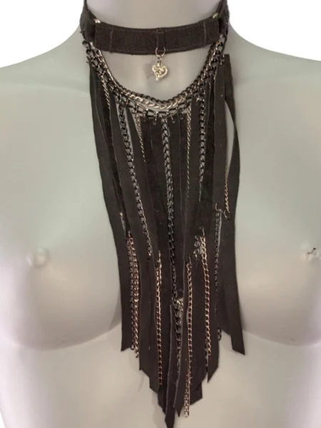 Ultra handmade leather bib necklace draped in linked chains, variant IV