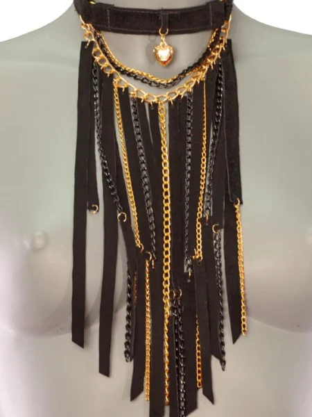Ultra handmade leather collar necklace with cascading chain curtain, variant V – view 2