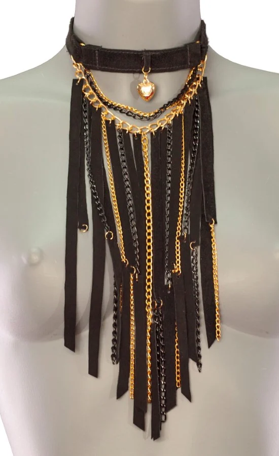 Ultra handmade leather collar necklace with cascading chain curtain, variant V – view 2