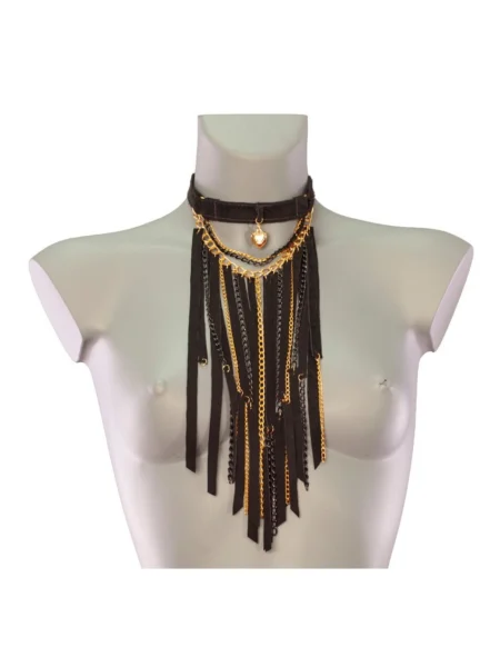 Ultra handmade leather collar necklace with cascading chain curtain, variant V