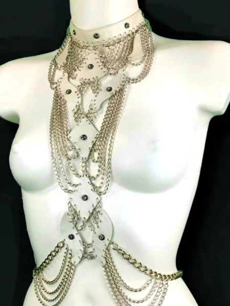 Princess handmade leather collar necklace with waist-length chains, variant II