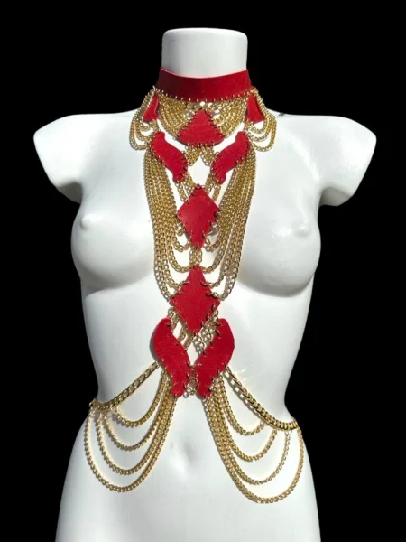 Princess handmade leather and chain gothic statement necklace draping to the waist, variant IV