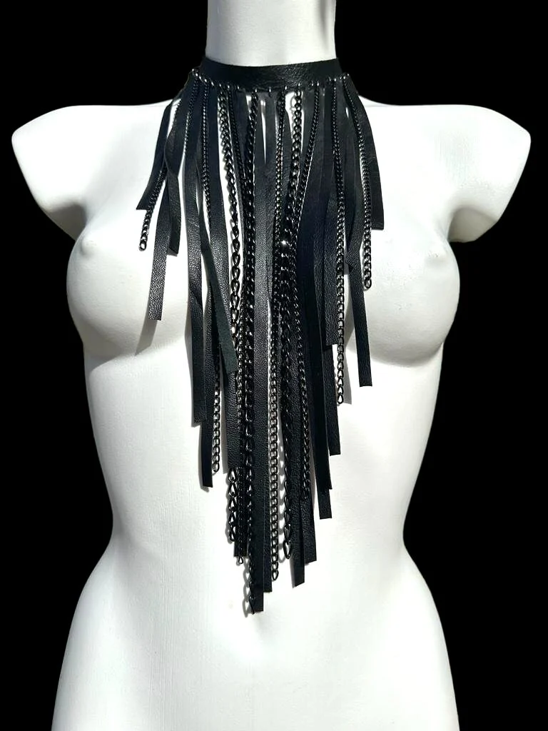 Black Edition Niagara handmade leather necklace with cascading black chains