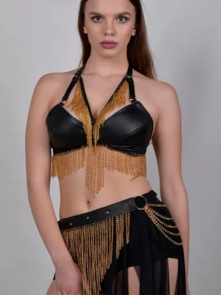 Apple Pie handmade Italian leather and chain two-piece festival set – view 2