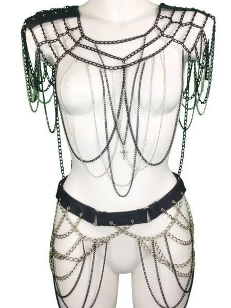 Gotique handmade black leather and chain matching jewelry set, adjustable neck and back – view 2