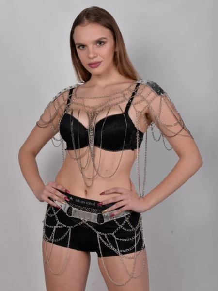 Gotique gothic leather harness set with draped chains, handmade two-piece design