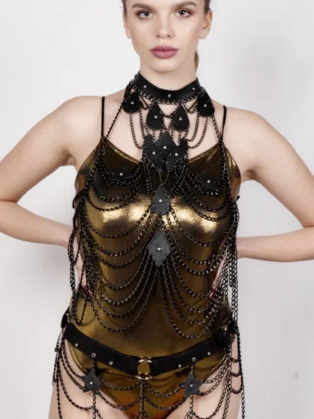 Paris handmade leather harness set with chained top and short waist piece – view 2