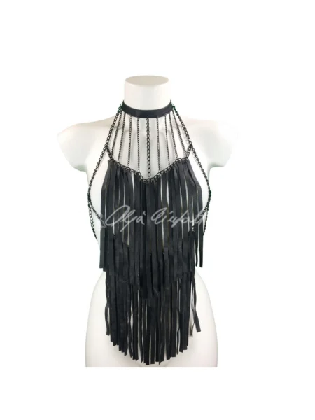 Roma handmade leather top with clean falling chains
