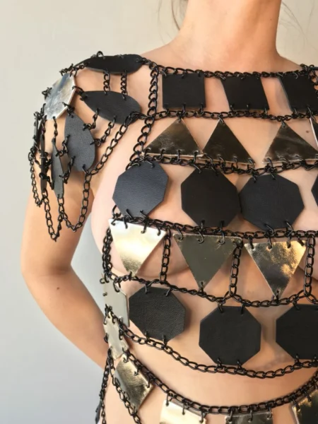 Burning Man handmade chain halter top on Italian leather straps – view 2