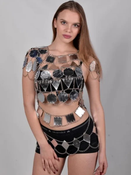 Burning Man handmade leather chain top with heavy chain drape – view 2