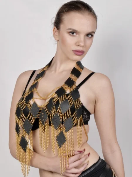 Cosmo handmade festival crop top in leather and chain