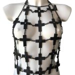 Cross handmade leather top with crossed straps and chain edging