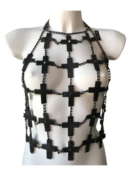 Cross handmade leather top with crossed straps and chain edging