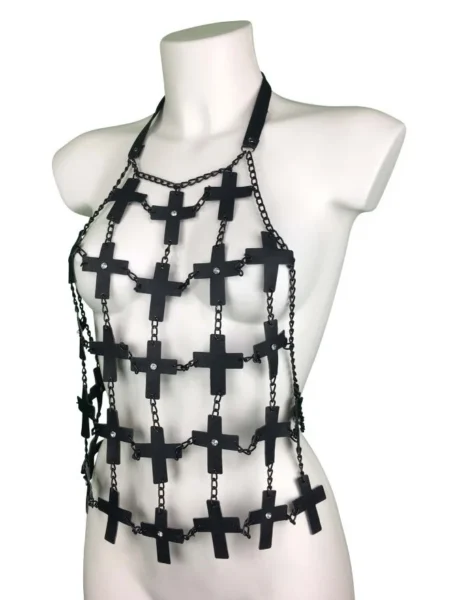Cross handmade leather top with crossed straps and chain edging – view 2