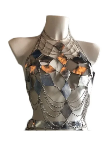 Farfalla Silver Edition handmade chain top with butterfly-wing chains on leather – view 2