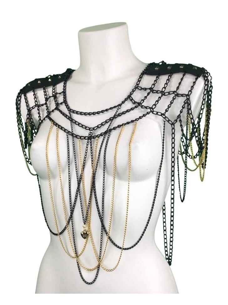 Gotique handmade gothic chain top with long vertical chains on leather collar