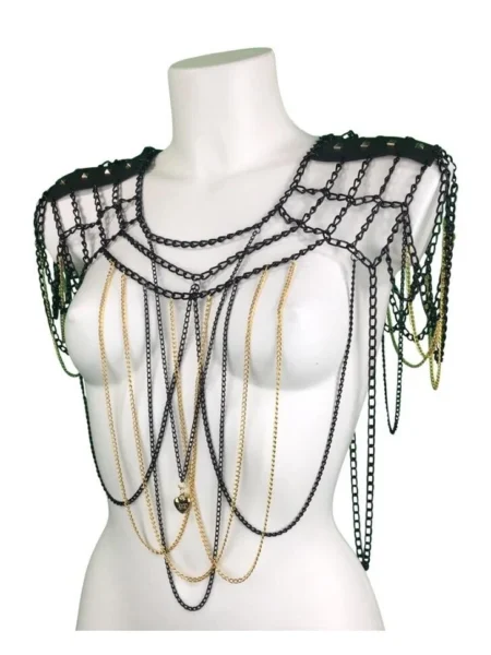 Gotique handmade dark leather top with chain neckline – view 2