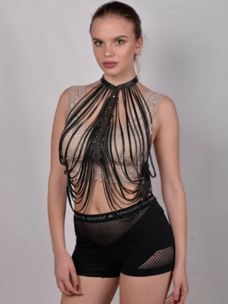 Hong Kong handmade leather stage top with light-catching chain rows