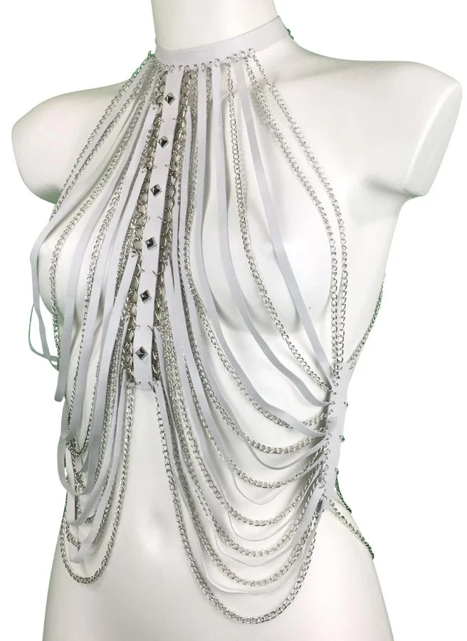 Hong Kong handmade leather festival top with dense collar chains