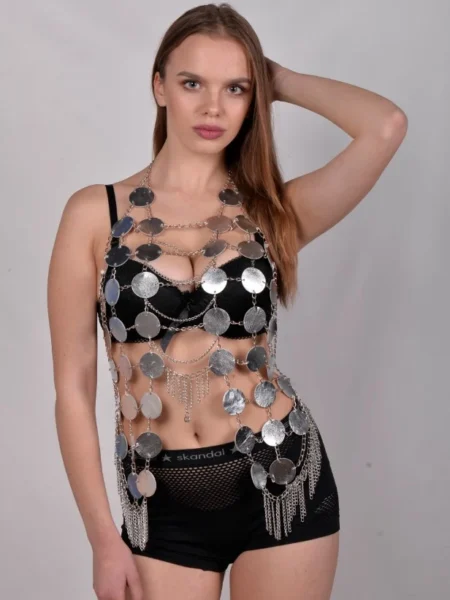 Moon handmade leather top with crescent chain drape