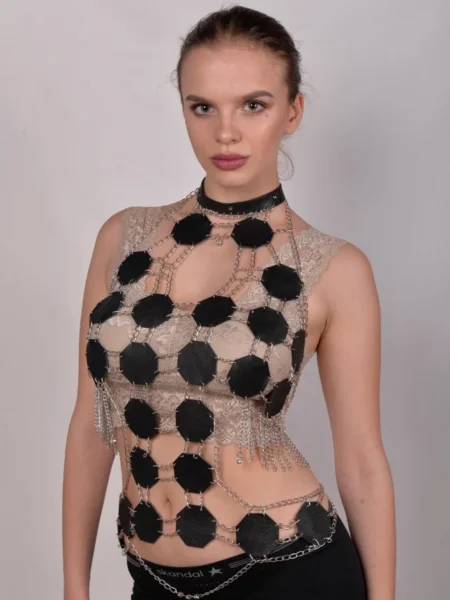Oktan handmade festival leather top with chain accents