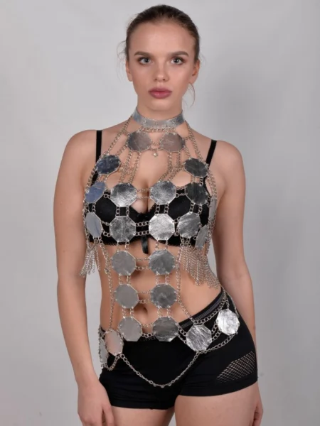 Oktan handmade gothic leather top with angular chain-linked panels