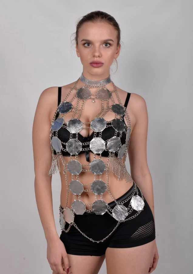 Oktan handmade gothic leather top with angular chain-linked panels
