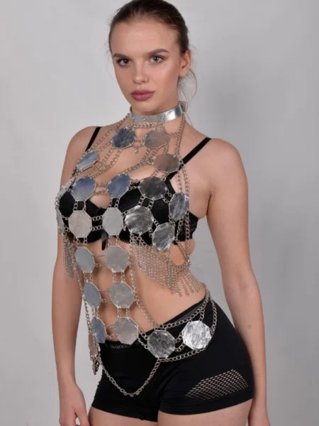 Oktan handmade gothic leather top with angular chain-linked panels – view 2