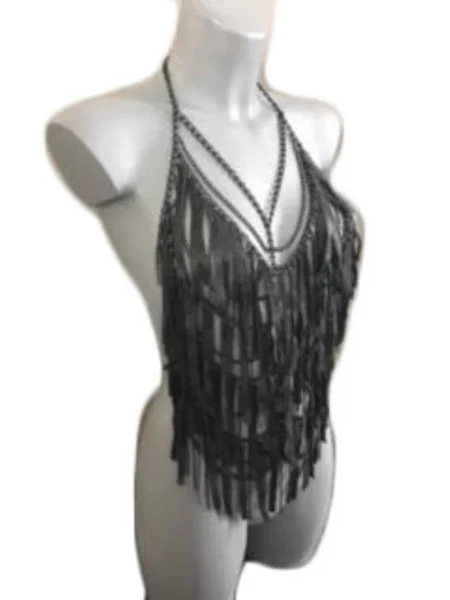 Scheherazade handmade fringe chain top with cascading chains and leather fringe