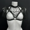 Diamond handmade Italian leather body harness with geometric chain details