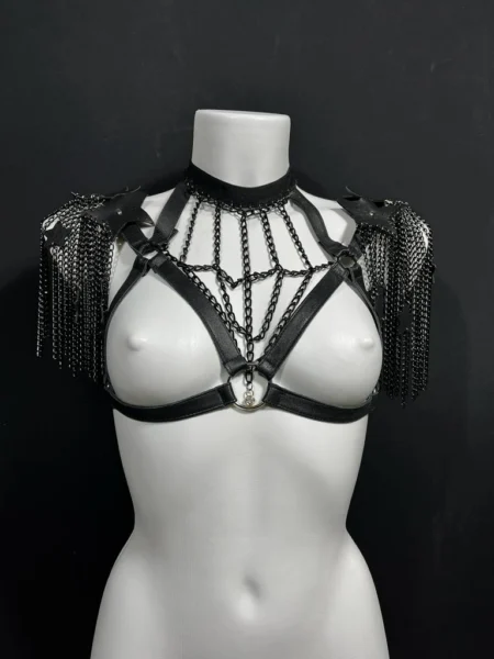 Diamond handmade Italian leather body harness with geometric chain details