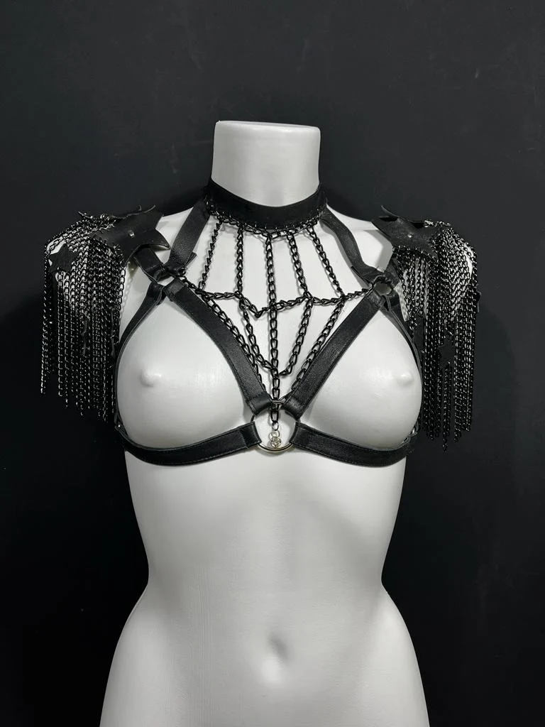 Diamond handmade Italian leather body harness with geometric chain details