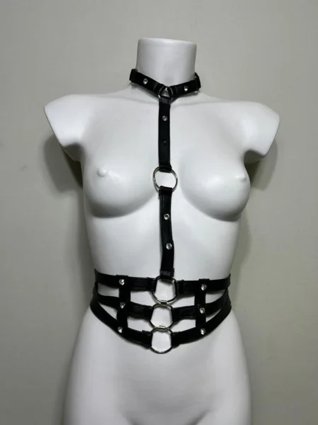 Sexy Loly black Italian leather hip belt with swinging chains