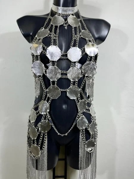 Oktan Long handmade Italian leather top with extended chain lines