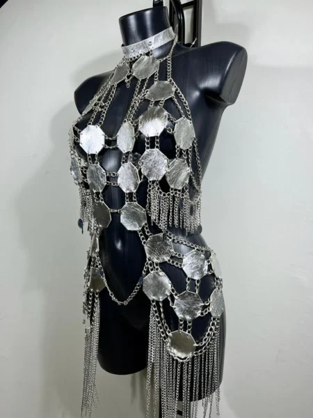 Oktan Long handmade Italian leather top with extended chain lines – view 2