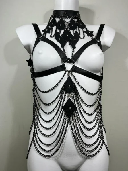 Paris Glam handmade leather chain halter top with high-shine chains
