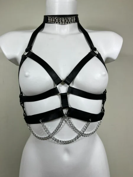 Gaga Cirkon handmade Italian leather body harness with fine chain details