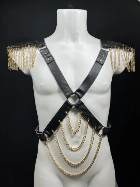 Epolete Glam handmade Italian leather shoulder harness with cascading chains