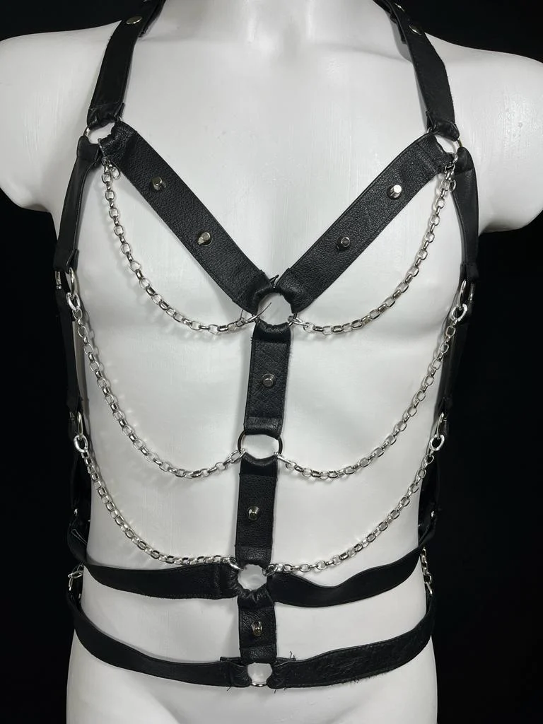 007 handmade Italian leather chest harness with holster-style crossed straps