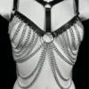 Ameli handmade Italian leather chest harness with slim straps and chain accents