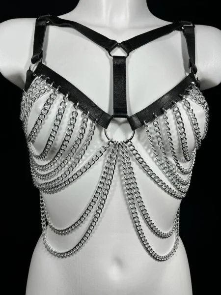 Ameli handmade Italian leather chest harness with slim straps and chain accents