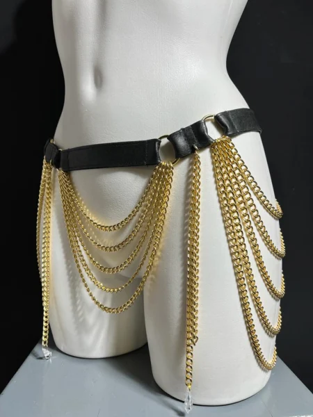Ameli slim Italian leather waist belt with fine chain details – view 2