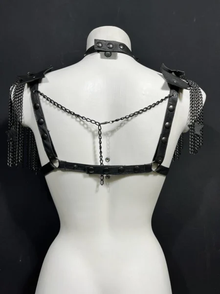 Diamond handmade Italian leather body harness with geometric chain details – view 2