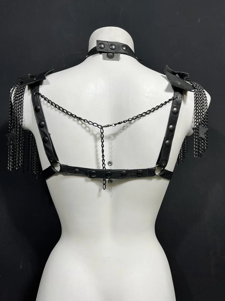 Diamond handmade Italian leather body harness with geometric chain details – view 2