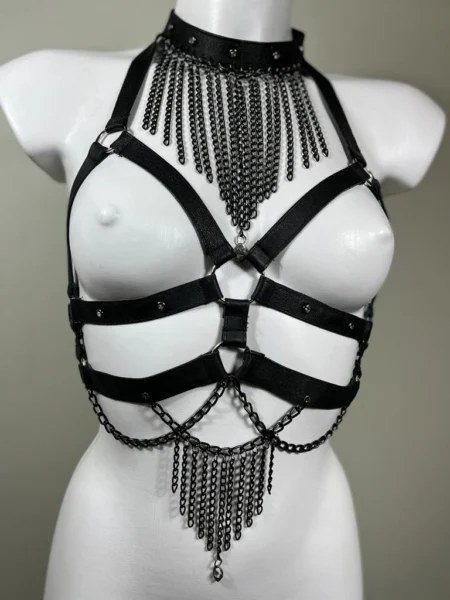 Gaga Chain handmade leather body harness draped with rows of chains