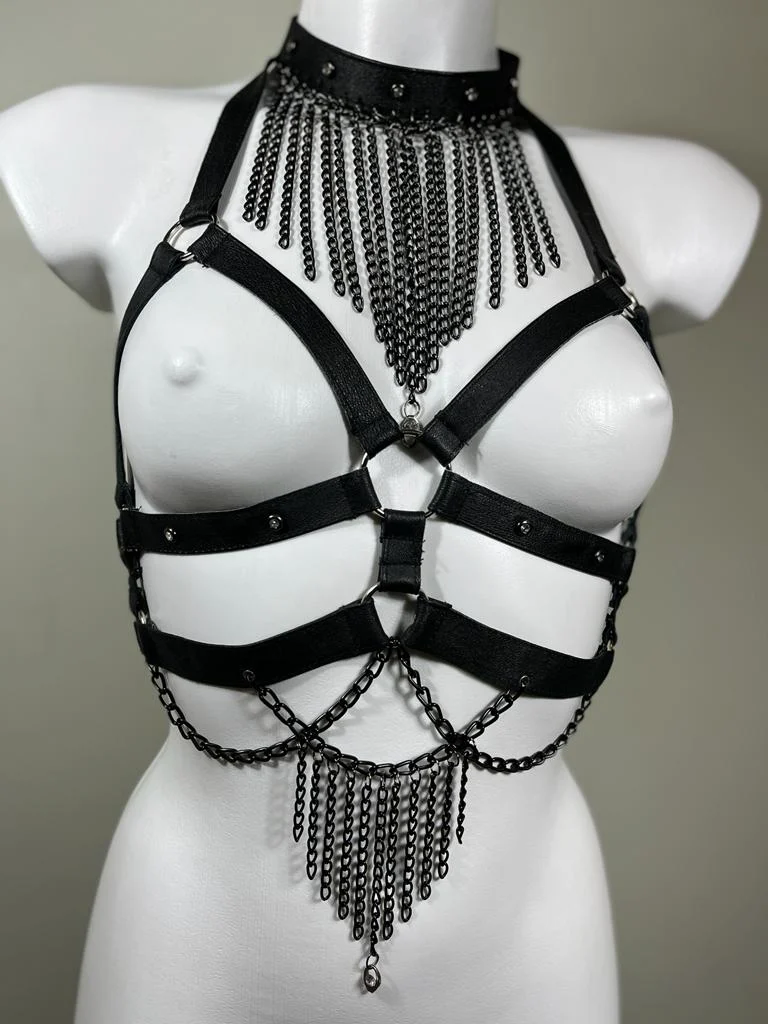 Gaga Chain handmade leather body harness draped with rows of chains
