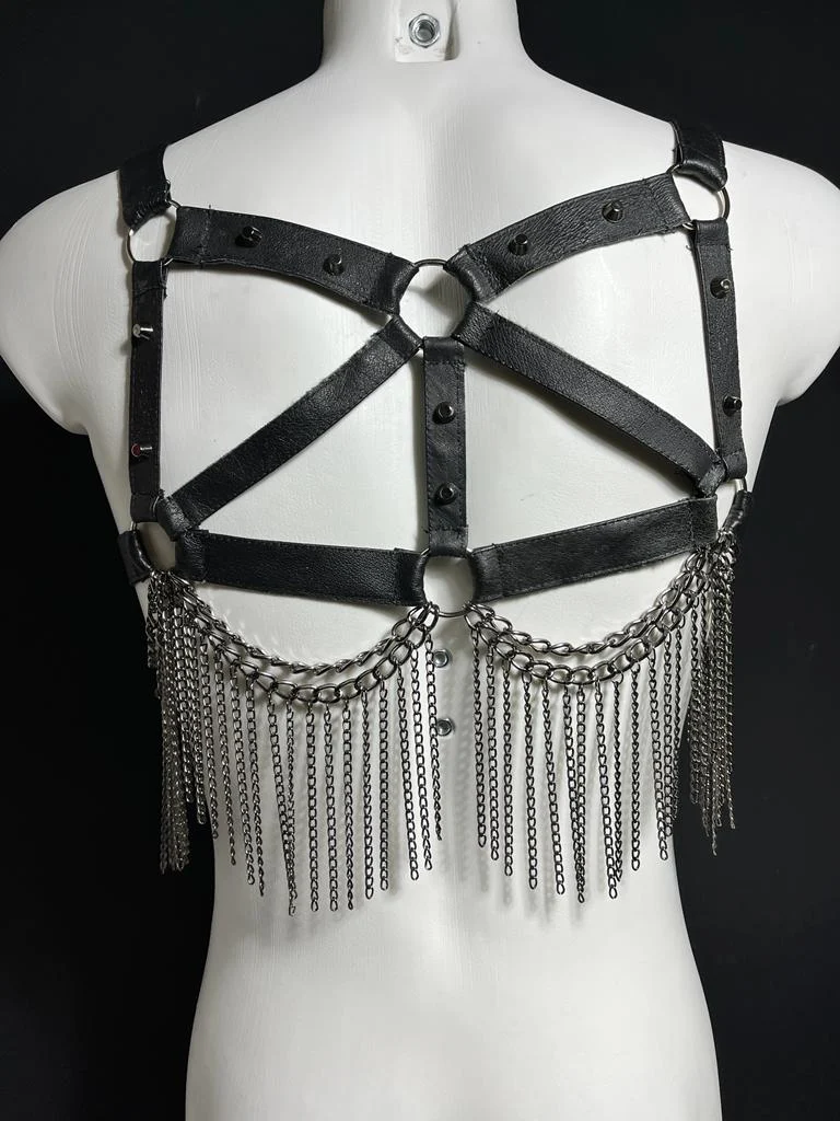 Gaga Man handmade Italian leather harness for men with chain details – view 2